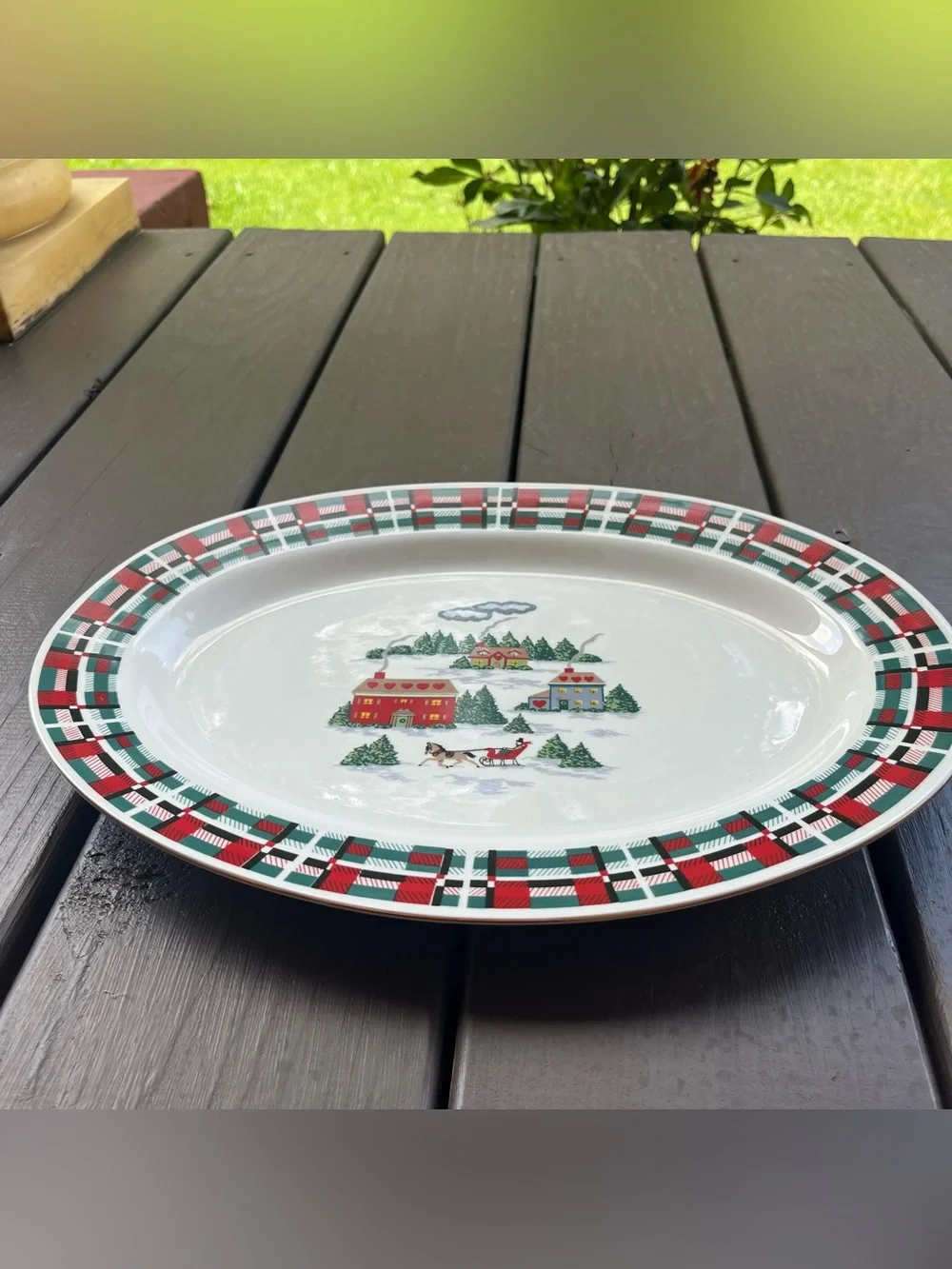 Rare Vintage Lynn’s Christmas Village Plaid Oval Serving Platter Horse Sleigh